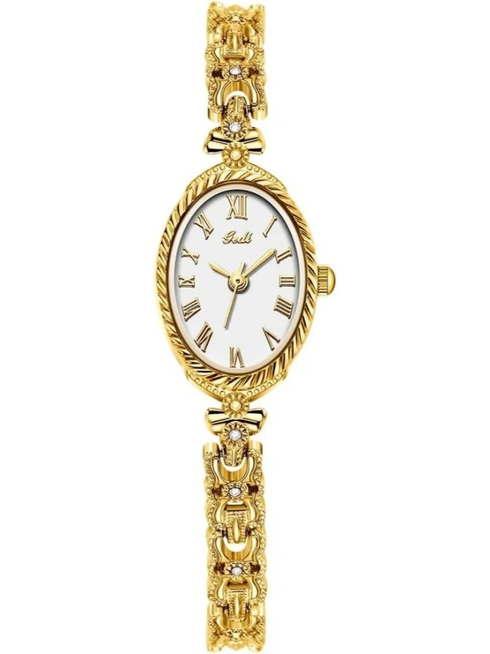 Women's Gold White Analog Quartz Alloy Steel Oval Roman Numeral Bracelet Watch